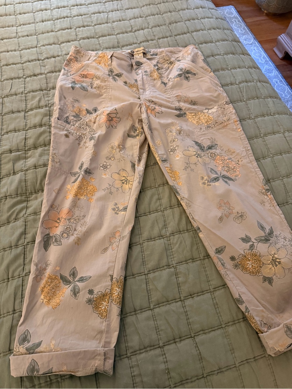 Democracy Beige Floral Wide-Leg Pants with Yellow & Green Accents